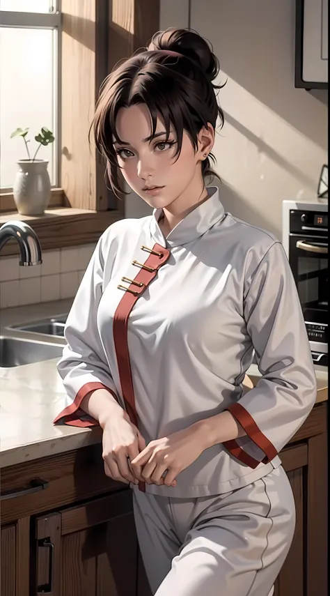 tenten from anime naruto, brown hair, wearing mascara, ponytail, perfect body, perfect breasts, beautiful woman, very beautiful, wearing white pajamas, nightgown, pajamas, wearing a watch wearing earrings, in the kitchen, dry kitchen, Realism, masterpiece,...