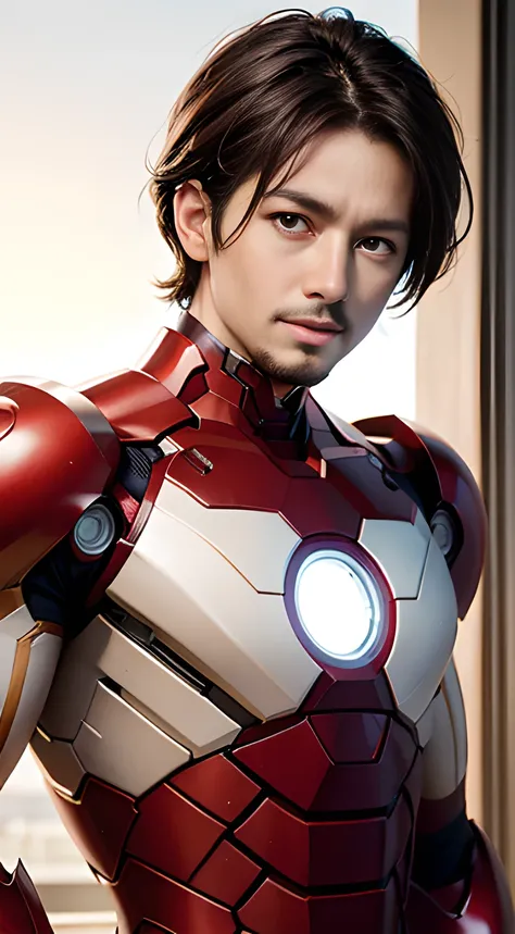 ((Men only)), (head shot), ((showing his abs)),  (Handsome muscle man in his 20s), (smile), (IRON MAN), (red hair), (detaile: 1 in 1), Natural muscles, HIG quality, beautidful eyes, (Detailed face and eyes), (Face、: 1 / 2), Noise, Real Photographics、... .....