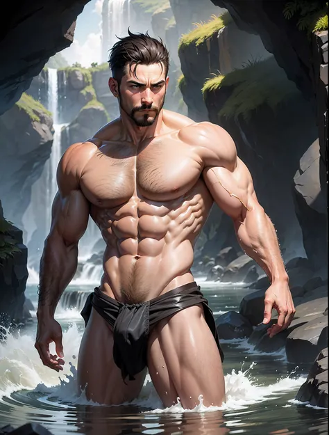 ((official art)), ((concept art)), 1man, naked masculine 1man, dark short hair, muscular, splashing water effect, reflection, cheraschoro, crotch bulge, mustache, (hairy body:1.2), erotica, masculinity, strength, inside a cave, masculine pose, very small s...