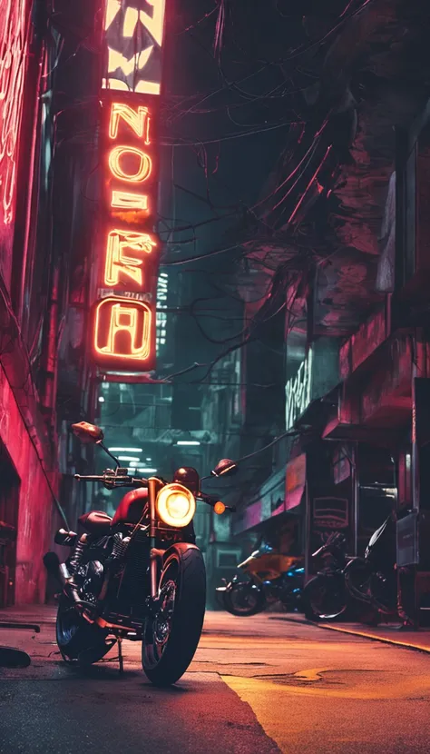 A dark room，There is graffiti on the walls，There was a motorcycle parked in the middle , Futuristic, 8K, Cinematic