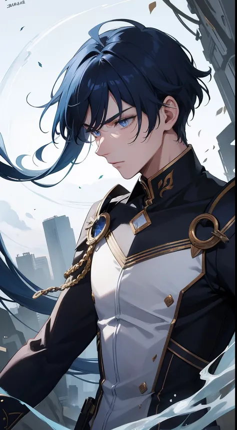 (1boy), At least in his 20s, There is a handsome face, Lateral face，sideface，Look to the side，Positive side face，Half face，Blue eyes, dark-blue hair, Unique hairstyle, A man who looks gentle,Weapon in hand， High quality, Best quality, HD, 16k, hyper HD, (M...