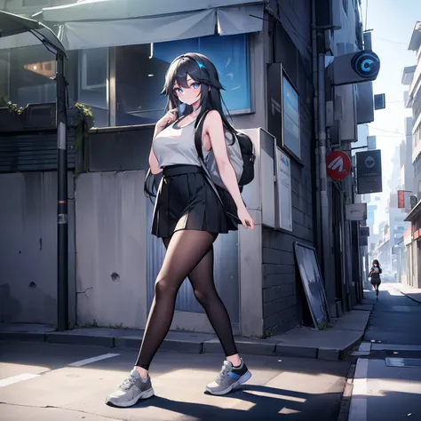 One Girl, Long Black Hair, Slightly Grey, a little bit thicc, Blue-Grey Tank Top, Black Leggings, White Skirt, Headphones, Blue Eyes, Walking On Street, Smiling, White Skirt, backpack, a bit bigger thighs and hips, Headphones, hourglass figure,