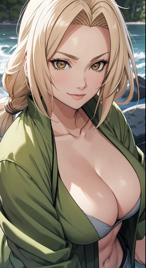 tmasterpiece，blond hairbl，Green coat，Golden eyes，ssmile，slightly fat big breasts，Be red in the face，Headwinds and sagging，best qualtiy，The is very detailed，Bust photo，Get close to the lens，Top-down view，with a good figure