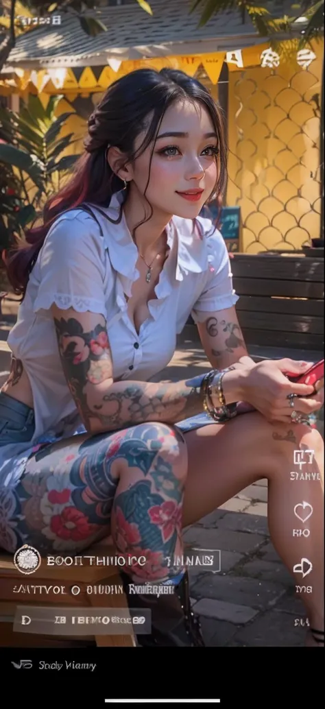 a girl around 30 years old, sitting, holding a phone, wearing a white shirt, or tattooed hands, left thigh untattooed, right thigh covered with tattoos, Realistic anime, Colorful Anime、the color of the dress or the color of the clothes is as advertised in ...