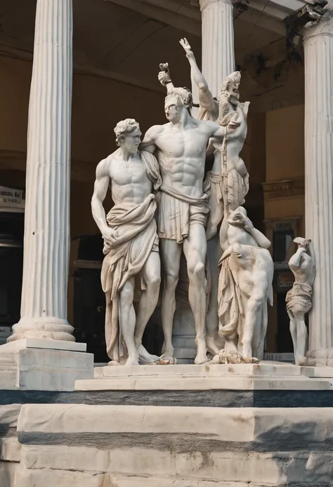 "A crowd gathered around realistic statues of Greek mythology in the daylight."