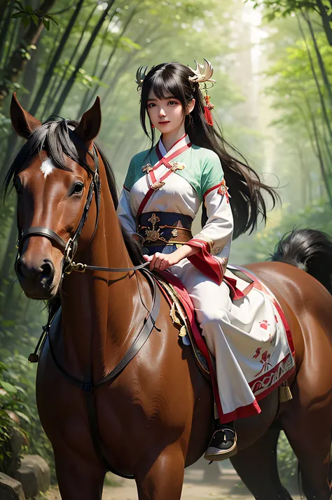 There is a woman on horseback in the bamboo forest, Artgerm and Atey Ghailan, Guviz-style artwork, Beautiful character painting, Artgerm and Ruan Jia, by Yang J, Palace ， A girl in Hanfu, Guweiz on ArtStation Pixiv, Ruan Jia and Artgerm