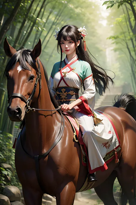 There is a woman on horseback in the bamboo forest, Artgerm and Atey Ghailan, Guviz-style artwork, Beautiful character painting, Artgerm and Ruan Jia, by Yang J, Palace ， A girl in Hanfu, Guweiz on ArtStation Pixiv, Ruan Jia and Artgerm