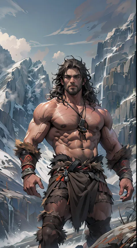 Muscular barbarian, upper body unclothed, legs uncovered from thighs to feet, flowing long curls, detailed muscular physique, lifelike representation, 4K resolution. Background: Wild untamed wilderness with rugged mountains,32k uhd, best quality, masterpie...