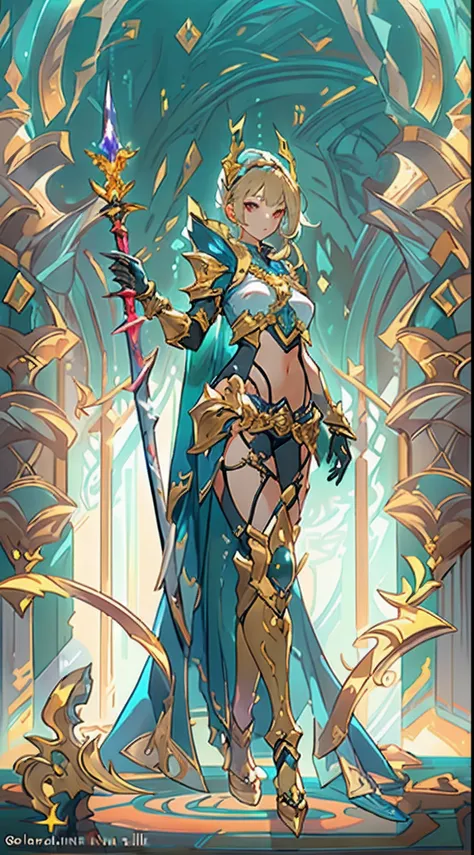 Design a layout showcase Gaming character, ((1girl)), sorcerer:1.4, Golden+Purle clothes, stylish and unique, ((showcase weapon:1.4)), magic staff, (masterpiece:1.2), (best quality), 4k, ultra-detailed, (Step by step design, layout art:1.5), (luminous ligh...