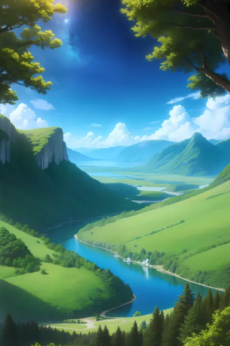 Milky Way, Ghibli style, anime, no humans, high mountains, lake, forest