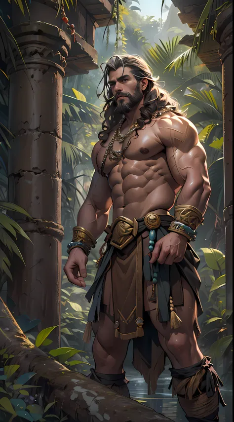 Muscular barbarian, partially  upper body, lower body uncovered from thighs to feet, bearded with beads, long flowing curls, intricate muscular details, photorealistic artwork, 4K quality. Background: Dense jungle with ancient ruins,32k uhd, best quality, ...