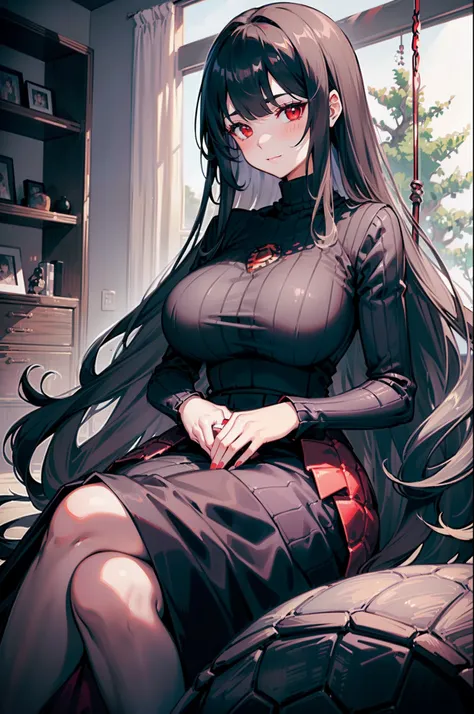 (1woman), (beautiful sinister woman), masterpiece, beautiful, Pixiv, top quality, (((black long hair))), Korean bangs, (red eyes), ((turtle neck)), ((long swing skirt)), ((voluptuous curves)), ((sitting)), (((soft smile))), ((immense blushing)), (living ro...