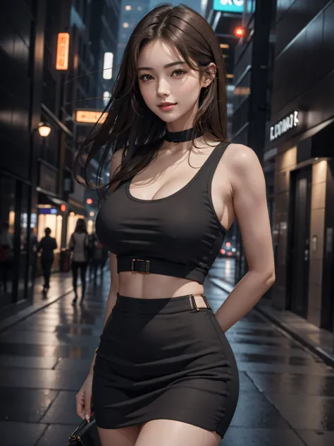 photorealistic, masterpiece, best quality, raw photo, night situation:1.5, at street side, dark street, arms behind back:1.3, 
BREAK,
1girl, biggest breasts:1.38, gigantic breasts:1.38, disproportionate breasts:1.38, medium-length hair, brown hair, (extrem...