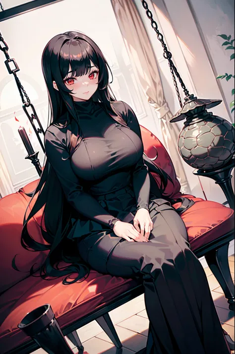 (1woman), (beautiful sinister woman), masterpiece, beautiful, Pixiv, top quality, (((black long hair))), Korean bangs, (red eyes), ((turtle neck)), ((long swing skirt)), ((voluptuous curves)), ((sitting)), (((soft smile))), ((immense blushing)), (living ro...