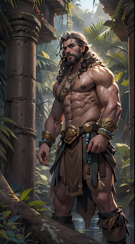 Muscular barbarian, partially  upper body, lower body uncovered from thighs to feet, bearded with beads, long flowing curls, intricate muscular details, photorealistic artwork, 4K quality. Background: Dense jungle with ancient ruins,32k uhd, best quality, ...