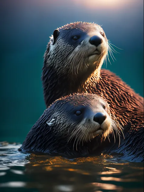 There was a sea otter lying in the water, Sea otters with their belly facing up，he is very relaxed, Furry otters, unwind, Sleepy,relaxing, peaceful looking animals, The water is clear and clean，Super realistic， RAW photo, (8K、top-quality、tmasterpiece:1.2)、...