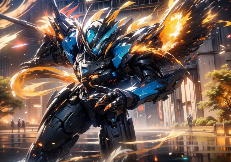 super wide shot, Full body frontal photo,Mecha male warrior close-up，Future warrior style《Mech color:blue》，（Refer to the Chinese red tasseled gun，Hold the gun，The gun body itself emits an orange glow），Keqing from Genshin Impact, (Masterpiece) ， The best qu...