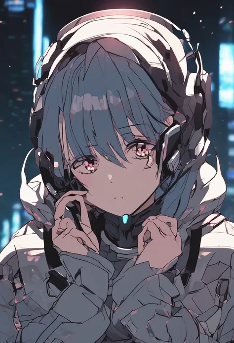 Cyborg Girl Aesthetic Anime Sad Girl of Japan, Black background, Facing Camera, Sad atmosphere,  Hi-Tech,