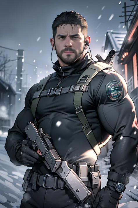 Dark gothic village in the background, old Chris Redfield from Resident Evil 8, 48 year old, muscular male, tall and hunk, biceps, abs, chest, all black cold turtleneck shirt, long sleeves, black trousers, shoulder holster, earpiece, belt, thick beard, col...