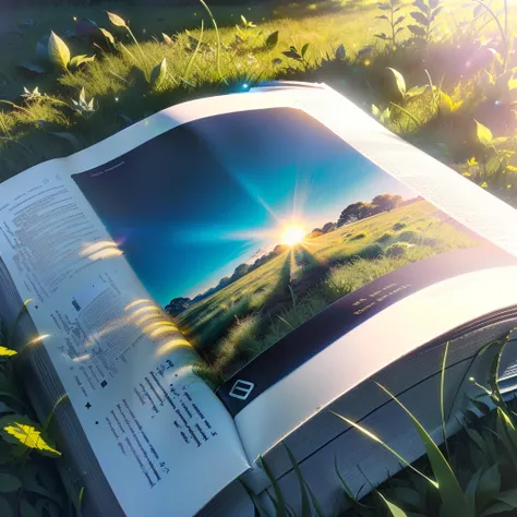 Show a book，Close-up of the Photogram，In the grass，Tyndall Light，Overlooking