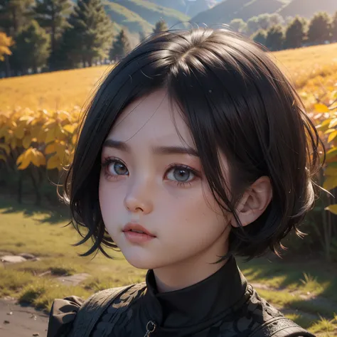 Very short hairstyle、Little fat girl、A dark-haired、short-haired、A little angry face、sulky face、Autumn landscape、Hair illuminated by the sun、hitornfreckles