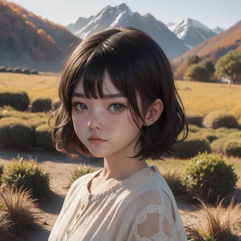 Very short hairstyle、Little fat girl、A dark-haired、short-haired、A little angry face、sulky face、Autumn landscape、Hair illuminated by the sun、hitornfreckles