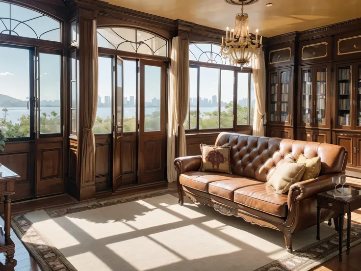 ，masterpiece, best quality，8k, ultra highres，Reallightandshadow，Step into this luxurious study，Its as if youve traveled to a mysterious treasure trove。Spectacular floor-to-ceiling windows，Gorgeous garden views as far as the eye can see，The sun shines like ...