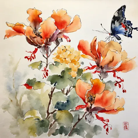 Zhuang Zhou Meng Butterfly，ukiyoe painting，Huge flowers，an orchid flower，夏天