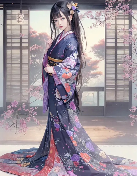 (Beautiful model in Japanese kimono commercial, beautiful straight long black hair), solo, ((face is 80% beauty and elegance, 20% pretty and cute:1.5)), clear eyes, (detailed eyes, light green eyes, bright pupils), Double Eyelids, (sexy lips with a little ...