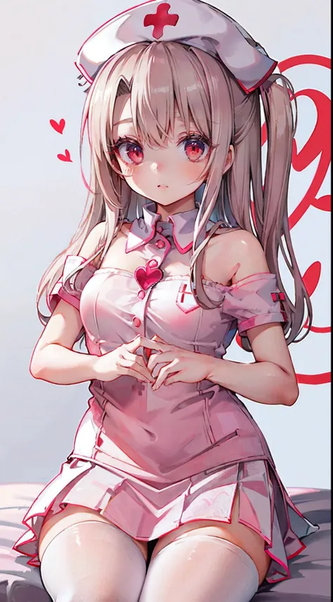 High detail, Heart-shaped pupils，Nurse hat，Pink nurses uniform，Love pupils，cropped shoulders，Red Cross，Slender maiden,highly rendered，detailed face with，white stockings，hason，