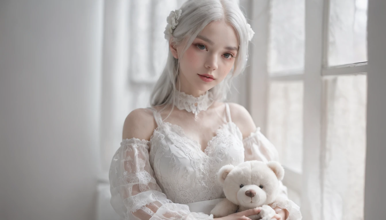 a woman sitting on a window sill next to a teddy bear, in the style of anime inspired, ethereal details, dollcore, light white and light silver, detailed costumes, mingei, sharp focus