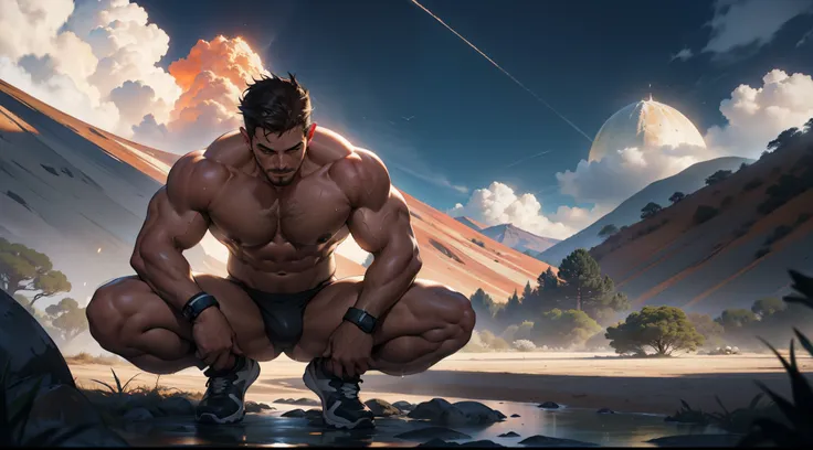 a shirtless man is squatting with his legs opened and spread near a volcano, beautiful Volcanoes and ash and eruption, volcanic pupa scene with opuntia cacti and agave plants and barrel cacti in this scene, correct accurate male anatomy, he is masculine an...