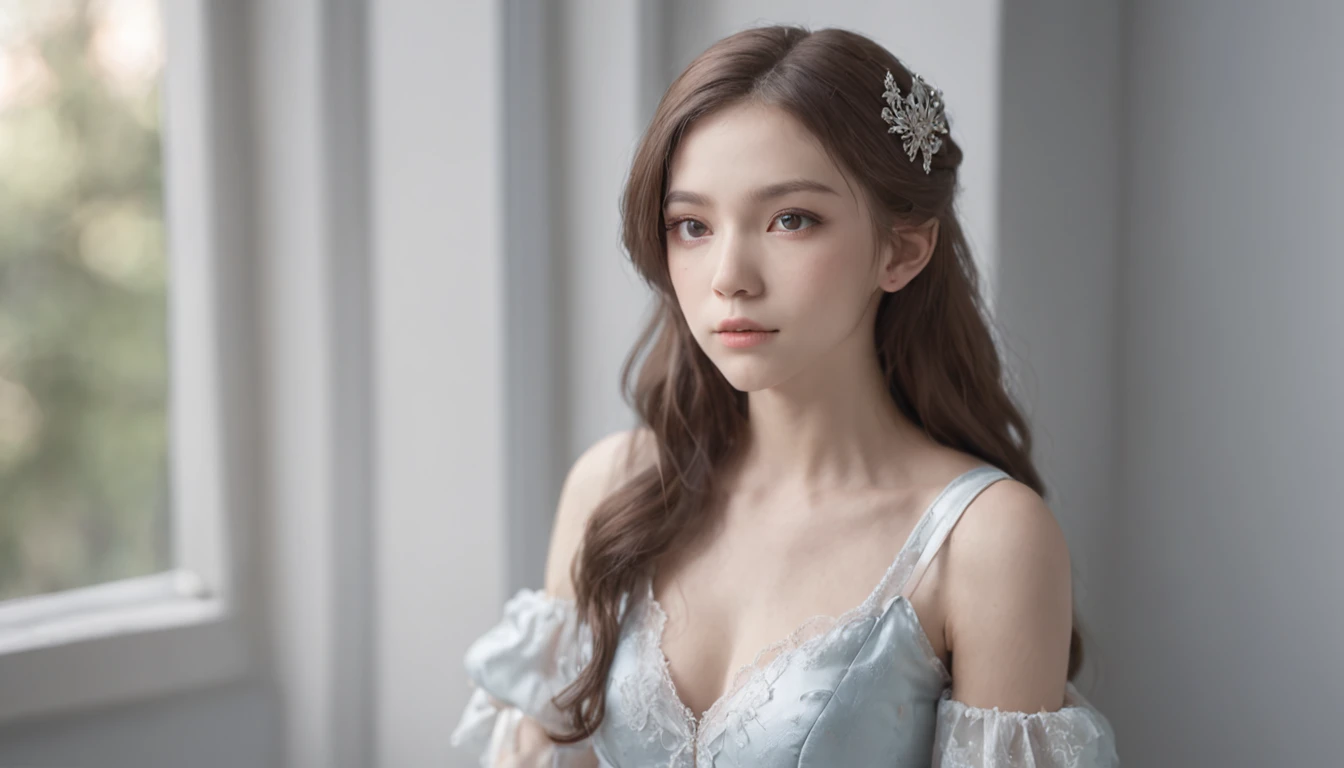 a white dress of a girl sitting on a chair looking out of window, in the style of light silver and light azure, fairytale-inspired, eerily realistic, luminous portraits, anime-inspired character designs, soft-focus portraits, solarization