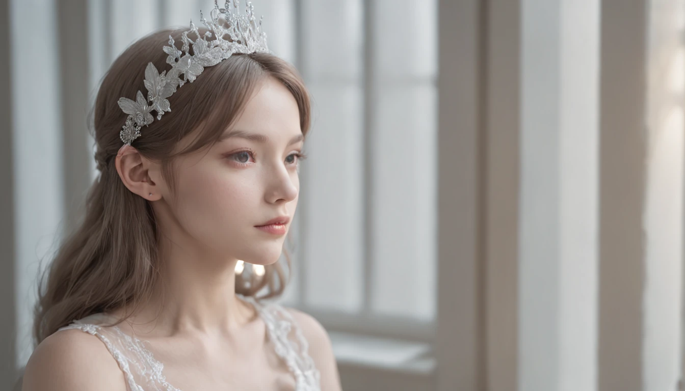 a white dress of a girl sitting on a chair looking out of window, in the style of light silver and light azure, fairytale-inspired, eerily realistic, luminous portraits, anime-inspired character designs, soft-focus portraits, solarization