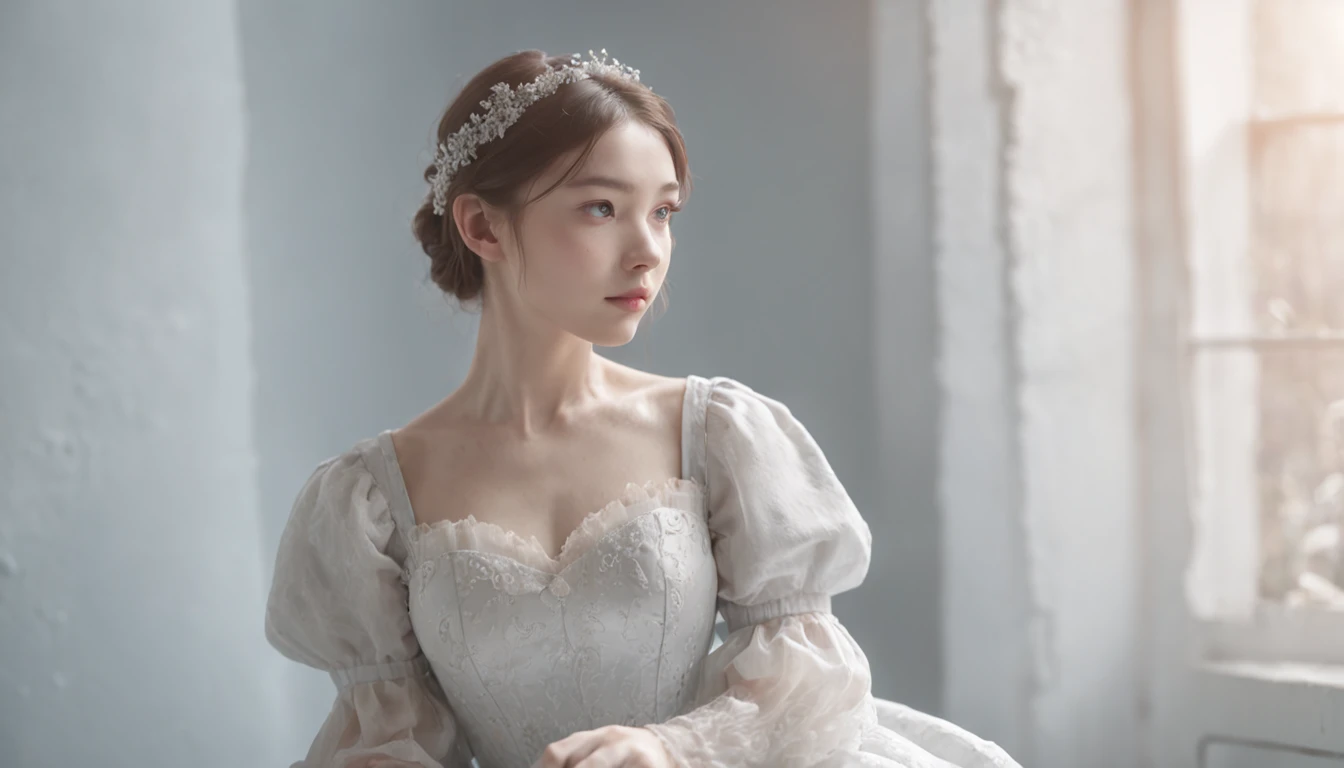 a white dress of a girl sitting on a chair looking out of window, in the style of light silver and light azure, fairytale-inspired, eerily realistic, luminous portraits, anime-inspired character designs, soft-focus portraits, solarization