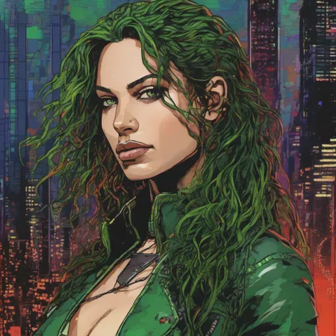 Tzindi Dexter is a cyberpunk girl like Claire Forlani merged with Claire Danes, (masterpiece:1.3), best quality, official art, portrait, ultra detailed, graphic novel (style) like Spawn, long hair, curly hair, green hair, green eyes, choker, art by [Todd M...