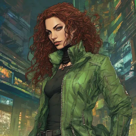 Tzindi Dexter is a cyberpunk girl like Claire Forlani merged with Claire Danes, (masterpiece:1.3), best quality, official art, portrait, ultra detailed, graphic novel (style) like Spawn, long hair, curly hair, green hair, green eyes, choker, art by [Todd M...