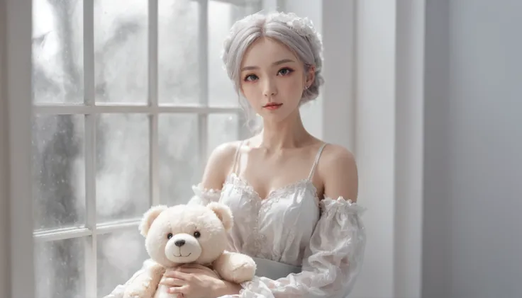 a woman sitting on a window sill next to a teddy bear, in the style of anime inspired, ethereal details, dollcore, light white and light silver, detailed costumes, mingei, sharp focus