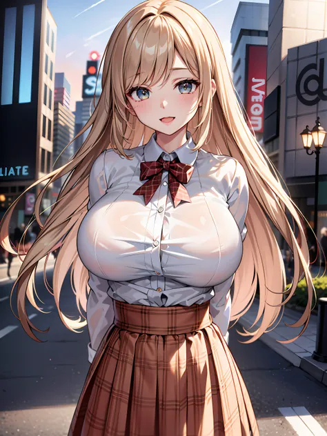 (1girl:1.3, solo), (Masterpiece, best quality, photorealistic, highres, photography, :1.3), ultra-detailed, sharp focus, professional photo, commercial photo, (upper body:1.3), (standing at downtow street), (((starring at the viewer:1.5))), (arms behind ba...