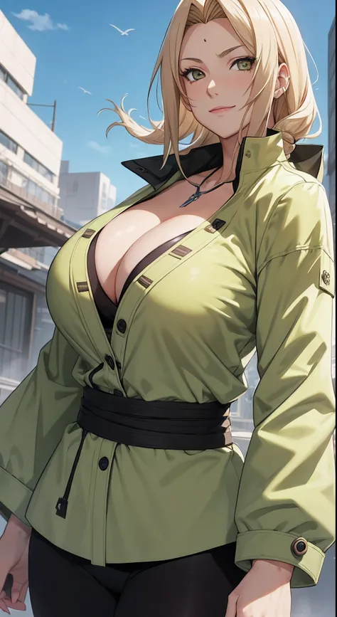 tmasterpiece，blond hairbl，Green coat，Golden eyes，ssmile，slightly fat big breasts，Be red in the face，Headwinds and sagging，best qualtiy，The is very detailed，Bust photo，Get close to the lens，Top-down view，with a good figure