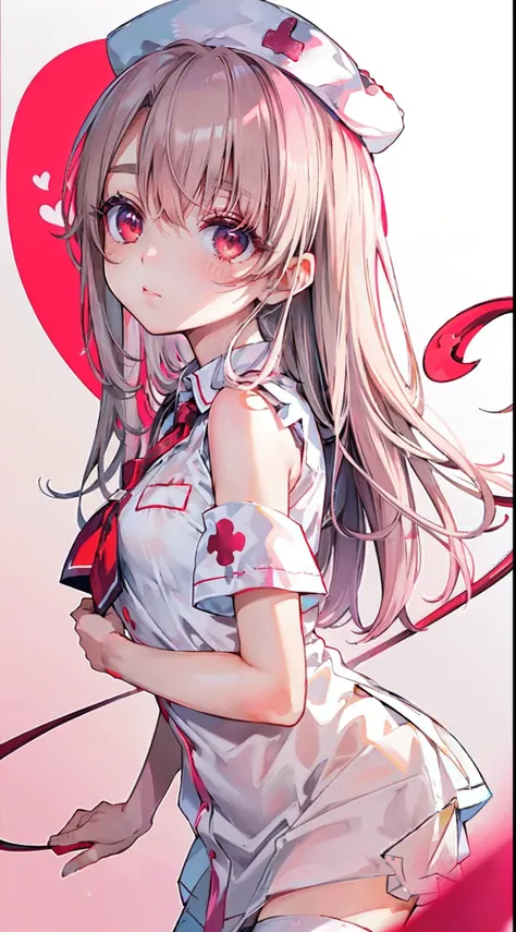 high detail, heart-shaped pupils，nurse hat，pink nurse's uniform，love pupils，cropped shoulders，red cross，slender maiden,highly re...