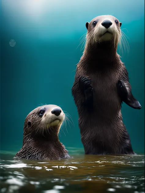 There is a sea otter in the water, The sea otter raised its hands，he is very relaxed, Furry otters, unwind, Sleepy,relaxing, peaceful looking animals, The water is clear and clean，Super realistic， RAW photo, (8K、top-quality、tmasterpiece:1.2)、(intricately d...