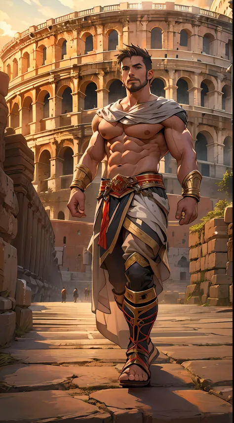 Mighty gladiator, chest uncovered, lower body revealed from thighs to feet, cascading long curls, detailed muscular physique, lifelike depiction, 4K resolution. Background: Colosseum during a spectacular sunset,32k uhd, best quality, masterpiece, super det...