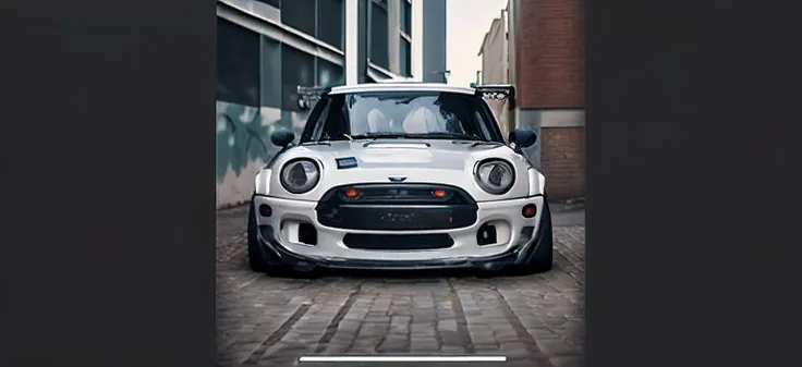 a close up of a white mini cooper parked on a brick road, wide body, mini cooper, side profile!!!!, front profile shot, side shot, epic stance, full view of a car, mini cooper s, long front end, side profile, cinematic side shot, side perspective, clean an...