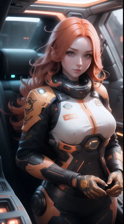 Natural redhead woman, mistic, Simulating horror, Inkjet printing, Polaroid, Octane rendering, Soft focus, Badge, Orange colors, hallyu, Golden hour lighting, Ultra-realistic intricate details, finely detailed, Automotive interior design, rendering by octa...