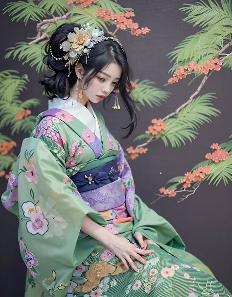 (Beautiful model in Japanese kimono commercial, beautiful straight long black hair), solo, ((face is 80% beauty and elegance, 20% pretty and cute:1.5)), clear eyes, (detailed eyes, light green eyes, bright pupils), Double Eyelids, (sexy lips with a little ...