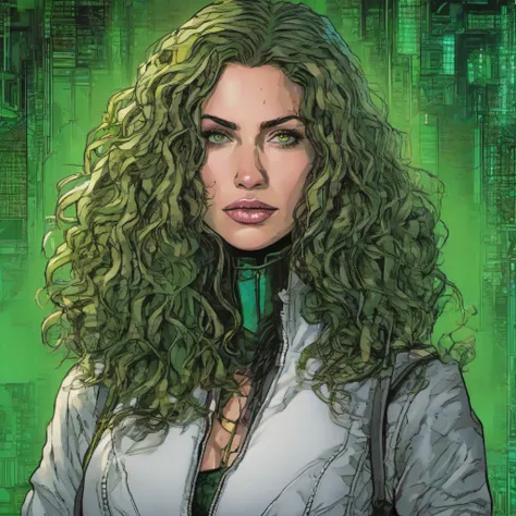 Tzindi Dexter is a cyberpunk girl like Claire Forlani merged with Claire Danes, (masterpiece:1.3), best quality, official art, portrait, ultra detailed, graphic novel (style) like Spawn, long hair, curly hair, green hair, green eyes, choker, art by [Todd M...