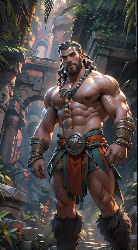 Muscular barbarian, partially  upper body, lower body uncovered from thighs to feet, bearded with beads, long flowing curls, intricate muscular details, photorealistic artwork, 4K quality. Background: Dense jungle with ancient ruins,32k uhd, best quality, ...