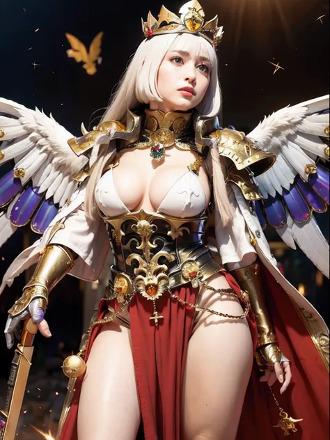 Professional , ​masterpiece、top-quality、photos realistic , depth of fields 、(A dark-haired) 、（Gemstone White Metal Body:1.９),(Matte White、Jewel Gold Weapon（Jewel Metal Body:1.４),Gorgeous metal weapons ,（（ Detailed and gorgeous sword of the brave）） ,Light E...