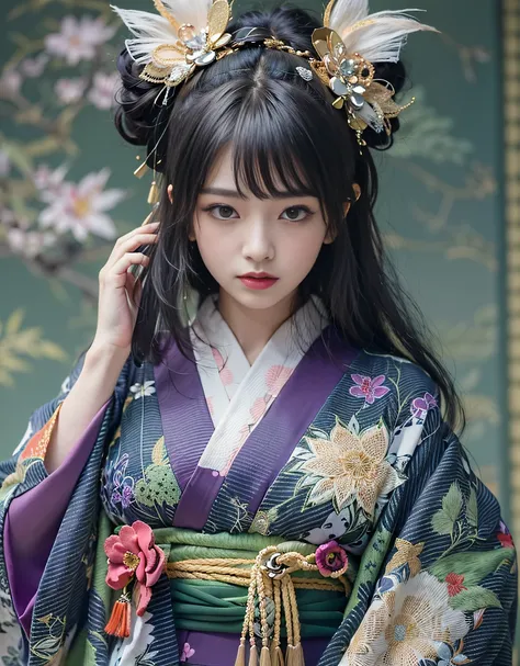 (beautiful model in japanese kimono commercial, beautiful straight long black hair), solo, ((face is 80% beauty and elegance, 20...